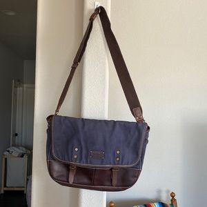 Cole Haan leather canvas blue brown messenger laptop work bag briefcase